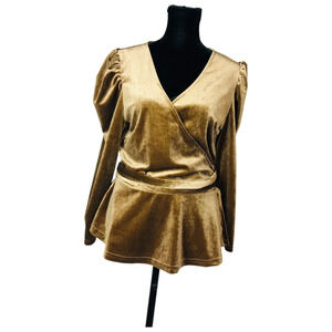 Blush Womens Wrap Peplum Long Sleeve Tunic Blouse Brown Velvet Large